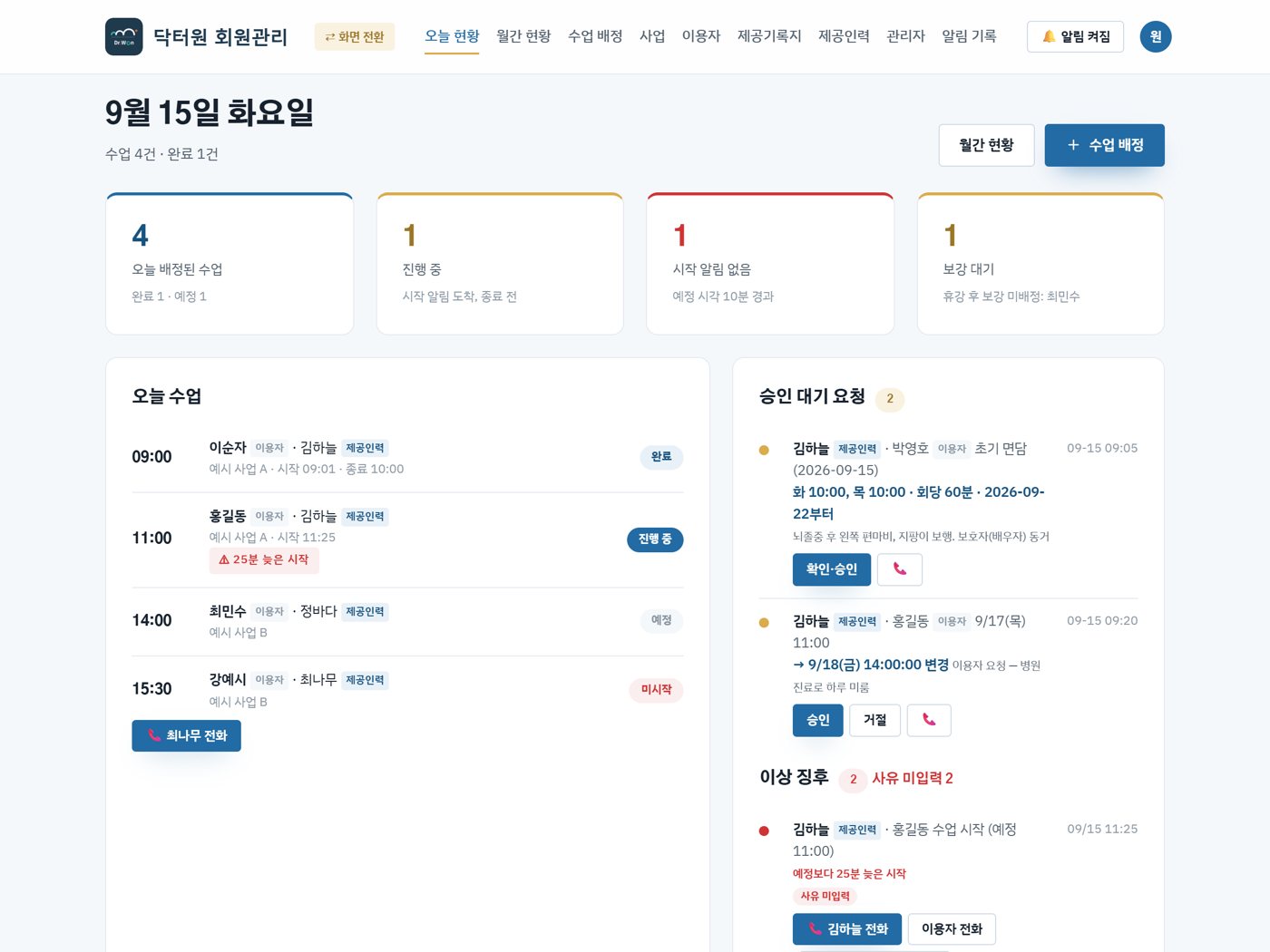 오늘 현황 — 수업, 승인 대기, 이상 징후